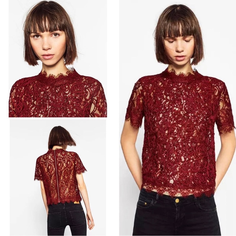 Zara Trafaluc Red Lace Zip Back Top Size M